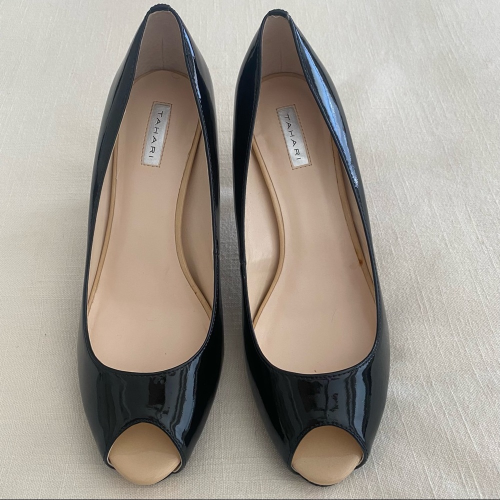 Tahari black patent peep toe pumps